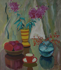 A. Erdeli Stillleben mit der roten Tasse Öl auf Holz, 50 × 60